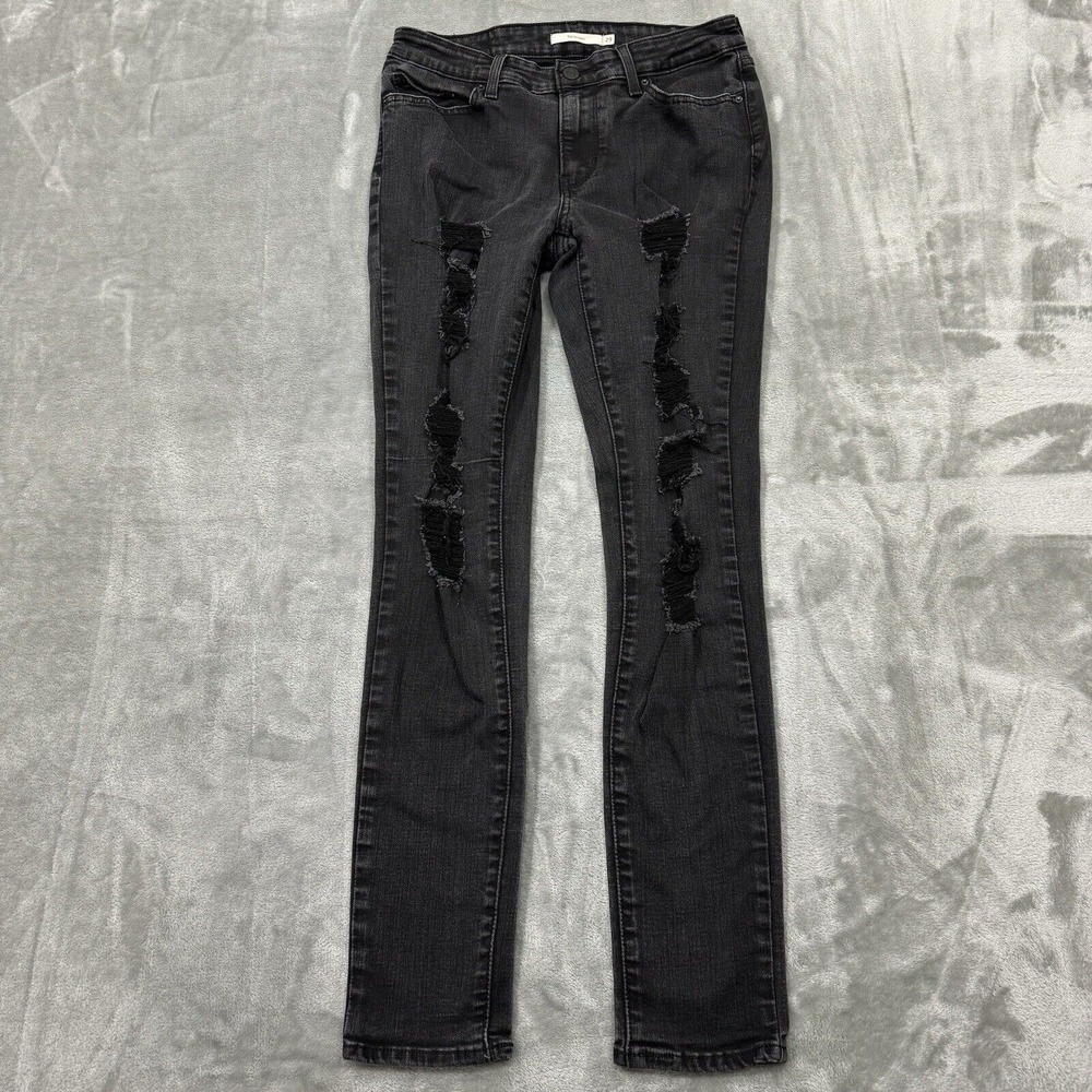 Levis Jeans Womens 29 Black 711 Skinny Stretch Medium Wash Denim Distressed Logo